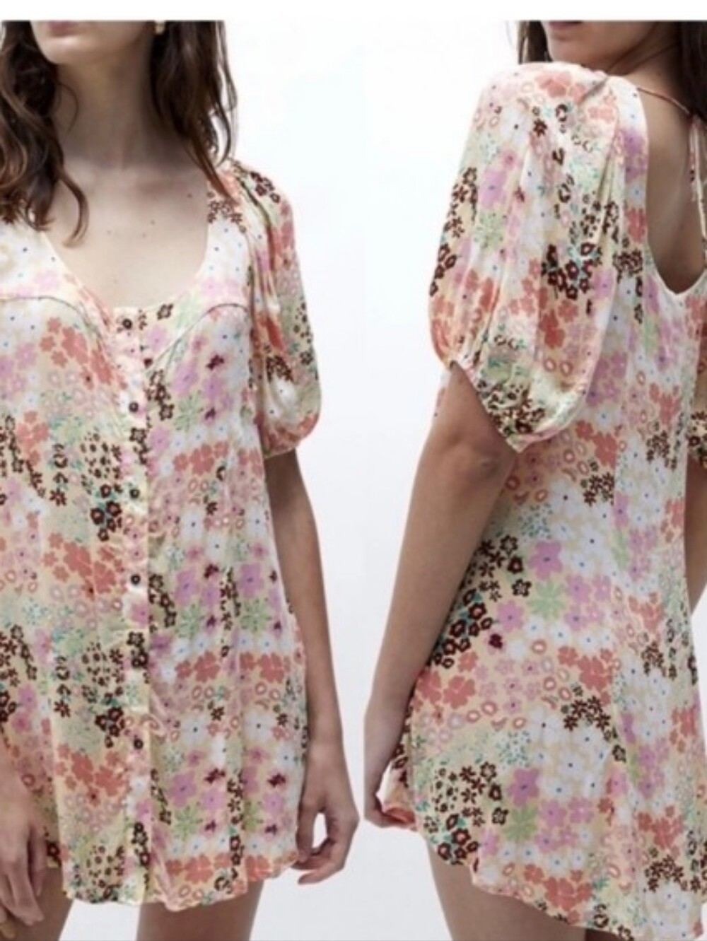 Free People Pastel Floral Button-Front Mini Dress in Peach, Pink, Mint